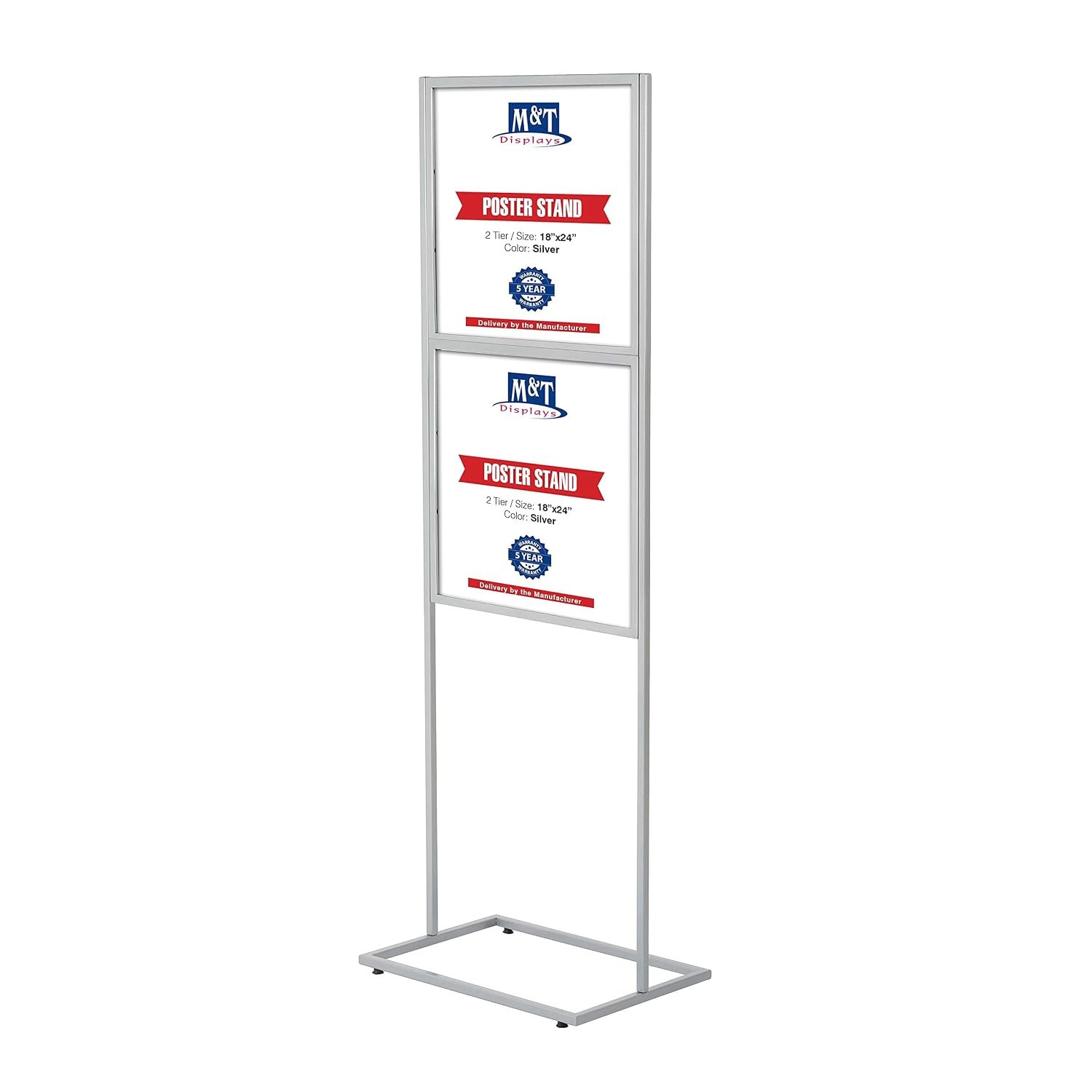 M&T Displays Metal Eco Info Board Silver 18x24 Inches Slide-In Poster Sign Holder 2 Tier Double Sided Floor Standing Pedestal Advertising Display with Backing and Anti-Glare PET...