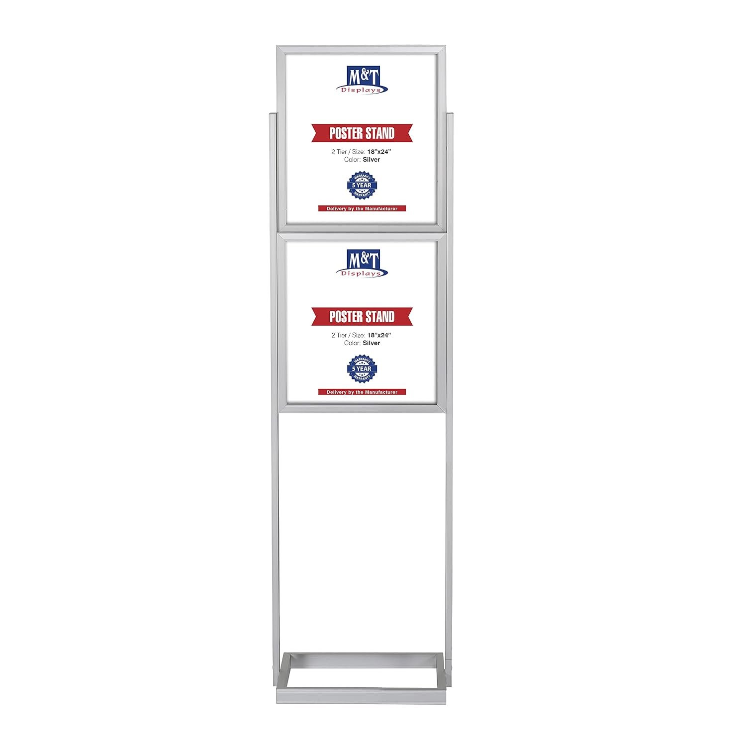 M&T Displays Metal Eco Info Board, Silver 18x24 Inches Slide-In Poster Sign Holder 2 Tier Double Sided Floor Standing Pedestal Advertising Display with Backing and Anti-Glare...