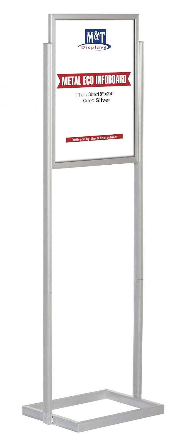 M&T Displays Metal Eco Info Board Silver 18x24 Inches Slide-in Poster Sign Holder 1 Tier Double Sided Floor Standing Pedestal Advertising Display with Backing and Anti-Glare PET...