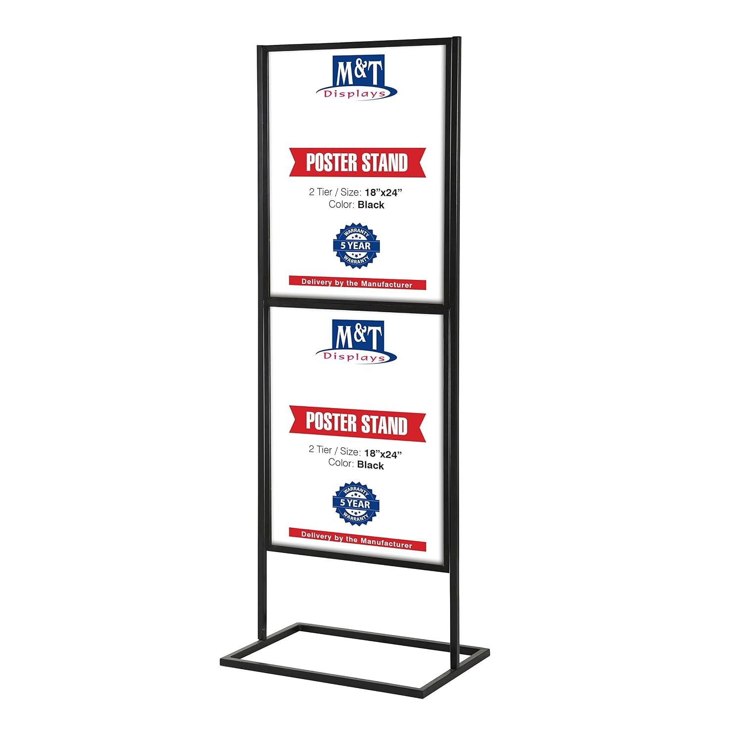 M&T Displays Metal Eco Info Board Silver 18x24 Inches Slide-In Poster Sign Holder 2 Tier Double Sided Floor Standing Advertising Display with Backing and Anti-Glare Lens