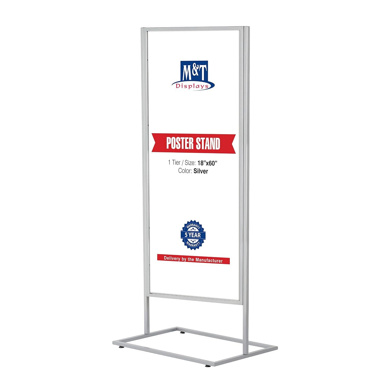 M&T Displays Metal Eco Info Board Silver 18x60 Inches Slide-In Poster Sign Holder 1 Tier Double Sided Floor Standing Pedestal Advertising Display with Backing and Anti-Glare PET...