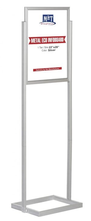 M&T Displays Metal Eco Info Board, Silver 22x28 Inches Slide-In Poster Sign Holder 1 Tier Double Sided Floor Standing Pedestal Advertising Display with Backing and Anti-Glare...