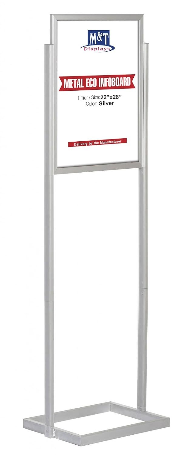 M&T Displays Metal Eco Info Board, Silver 22x28 Inches Slide-In Poster Sign Holder 1 Tier Double Sided Floor Standing Pedestal Advertising Display with Backing and Anti-Glare...