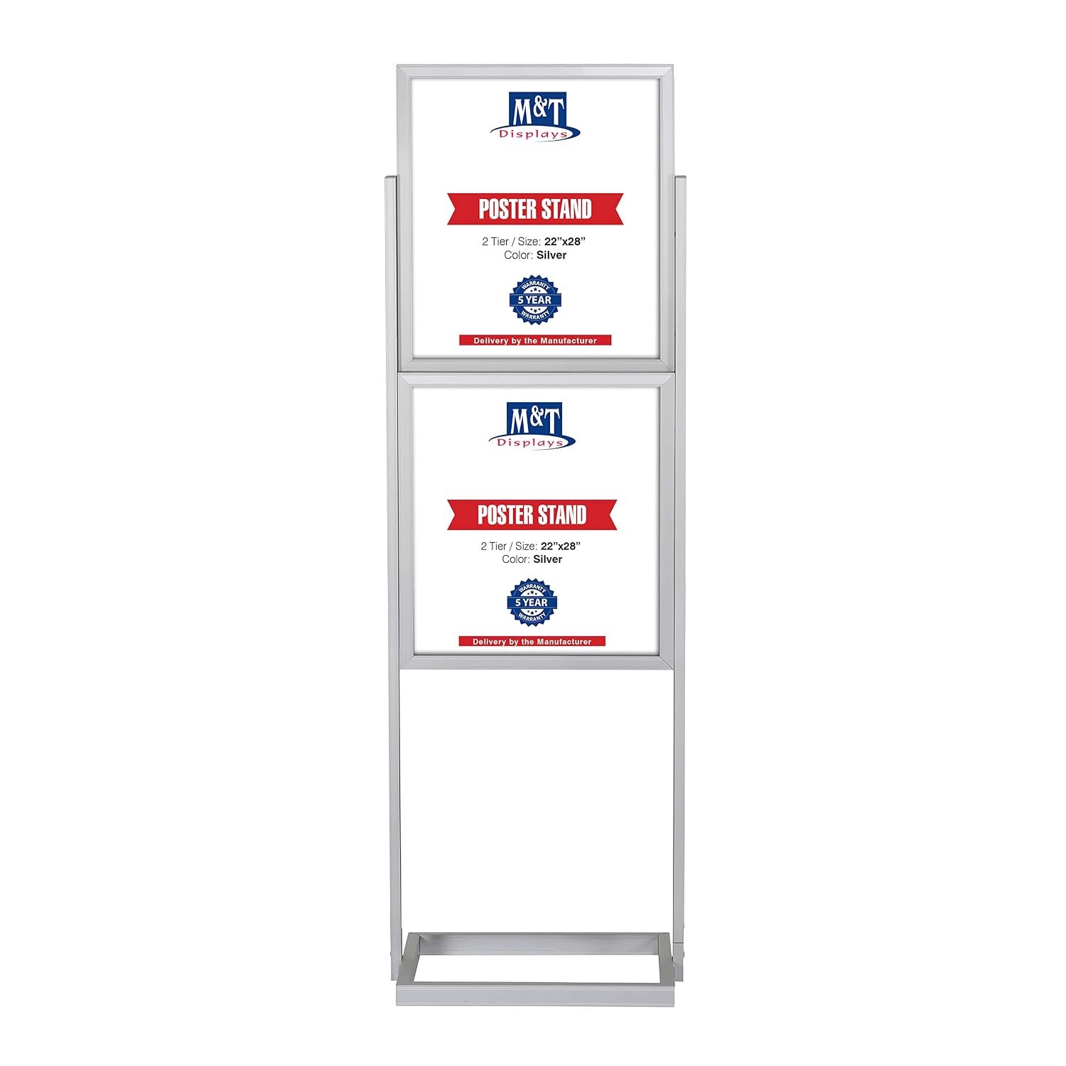 M&T Displays Metal Eco Info Board Silver 22x28 Inches Slide-In Poster Sign Holder 2 Tier Double Sided Floor Standing Pedestal Advertising Display with Backing and Anti-Glare PET...