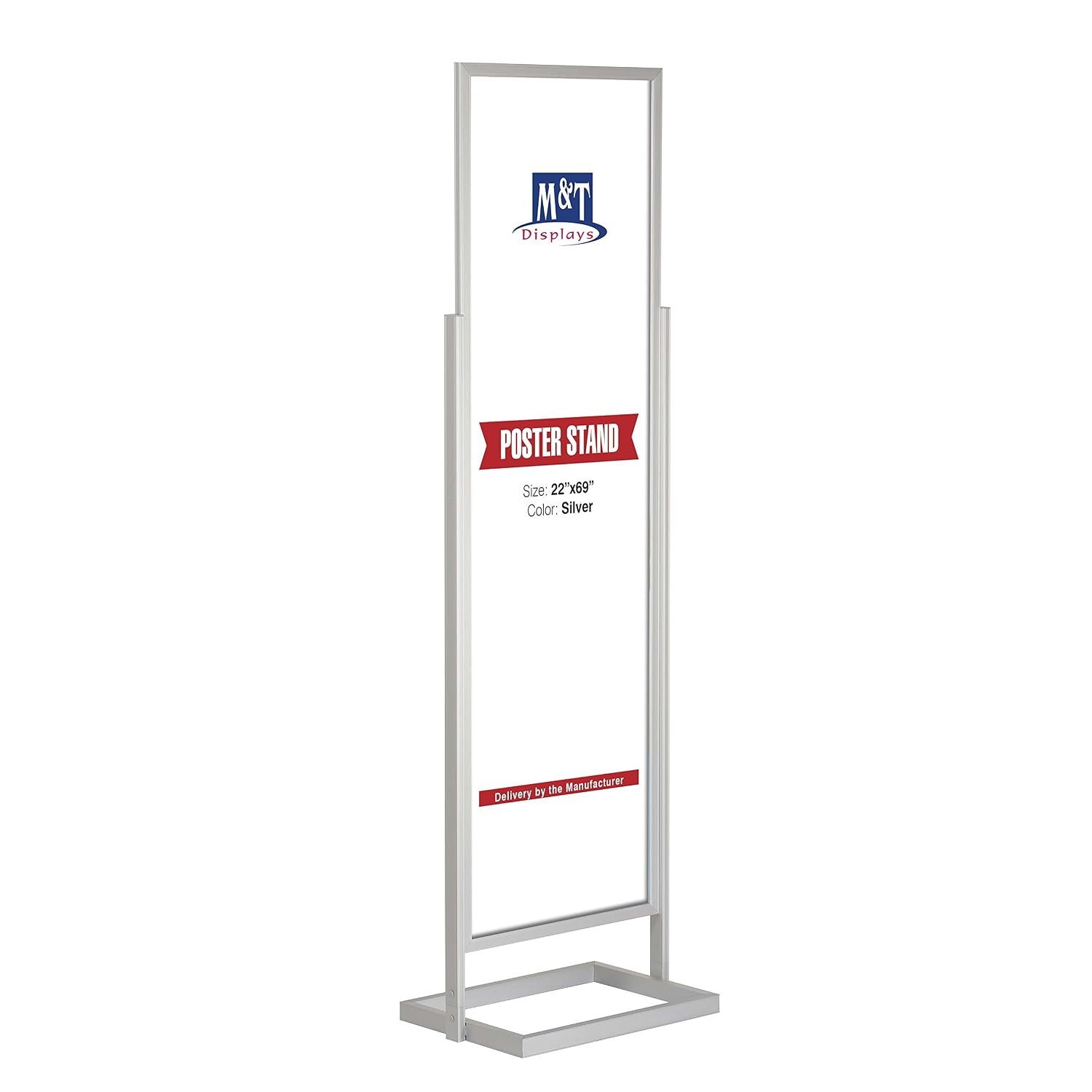 M&T Displays Metal Eco Info Board, Silver 22x69 Inches Slide-In Poster Sign Holder 1 Tier Double Sided Floor Standing Pedestal Advertising Display with Backing and Anti-Glare...