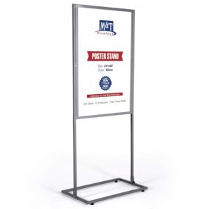 M&T Displays Metal Eco Info Board, Silver 24x36 Inches Slide-In Poster Sign Holder 1 Tier Double Sided Floor Standing Pedestal Advertising Display with Backing and Anti-Glare...
