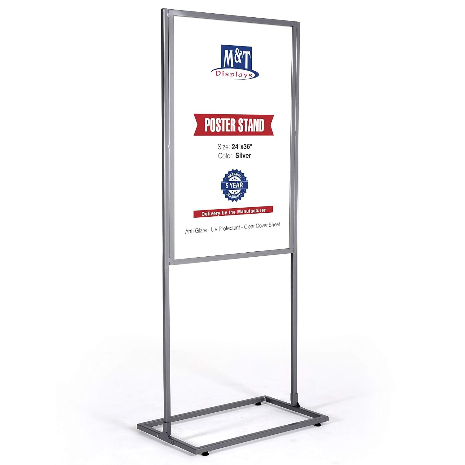 M&T Displays Metal Eco Info Board, Silver 24x36 Inches Slide-In Poster Sign Holder 1 Tier Double Sided Floor Standing Pedestal Advertising Display with Backing and Anti-Glare...