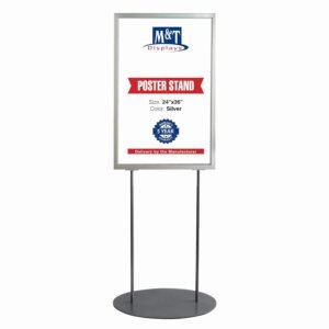 M&T Displays Metal Oval Info Board Silver 24x36 Inches Slide-In Poster Sign Holder 1 Tier Double Sided Floor Standing Pedestal Advertising Display with Backing and Anti-Glare...