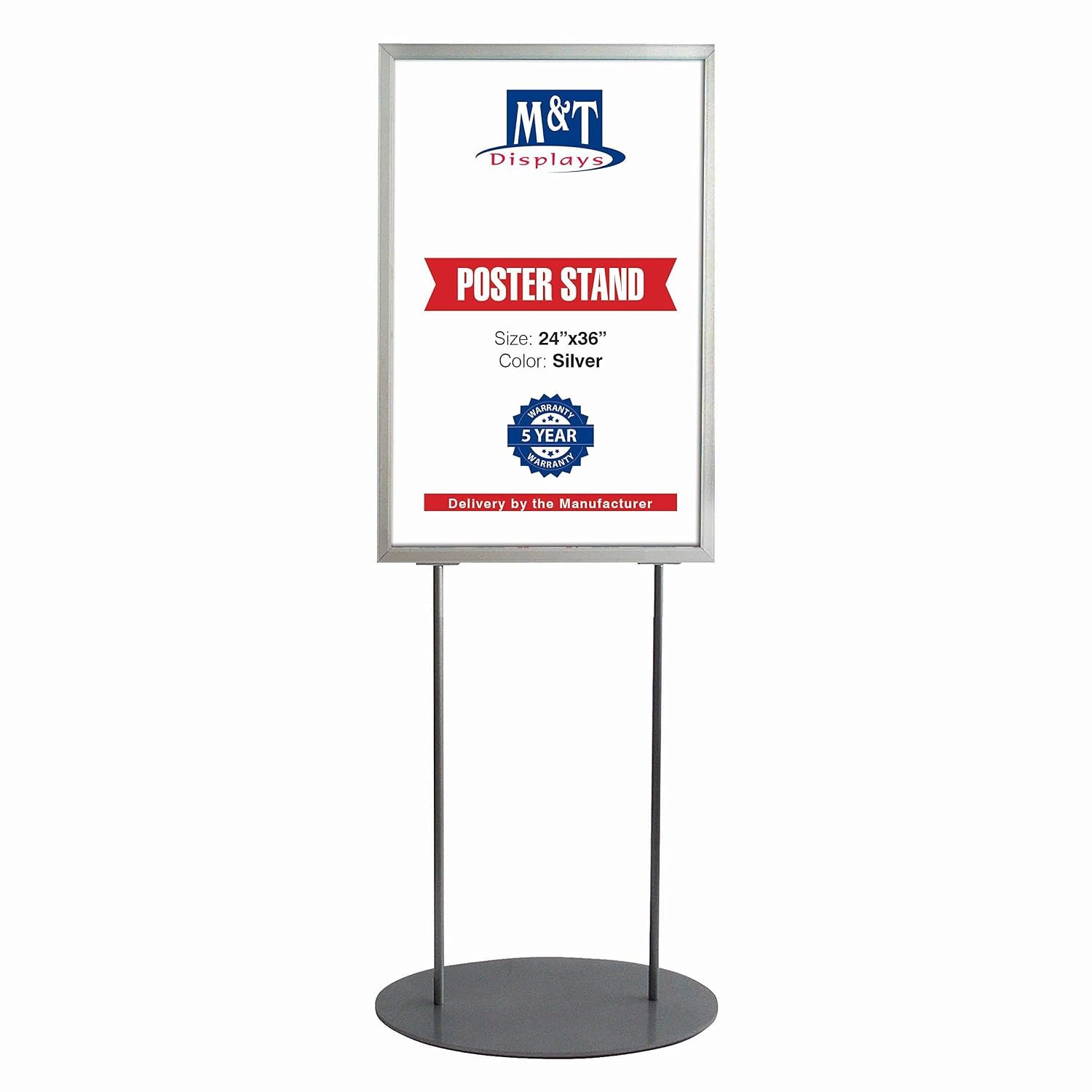 M&T Displays Metal Oval Info Board Silver 24x36 Inches Slide-In Poster Sign Holder 1 Tier Double Sided Floor Standing Pedestal Advertising Display with Backing and Anti-Glare...