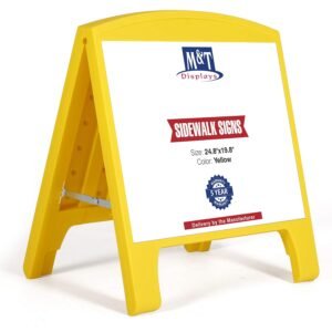 M&T Displays Mini Street SignPro Board, Yellow 24.80x19.76 Inch Weatherproof Sandwich Board A-Frame Sidewalk Curb Sign Holder Folding Double Sided Portable Advertising Display...