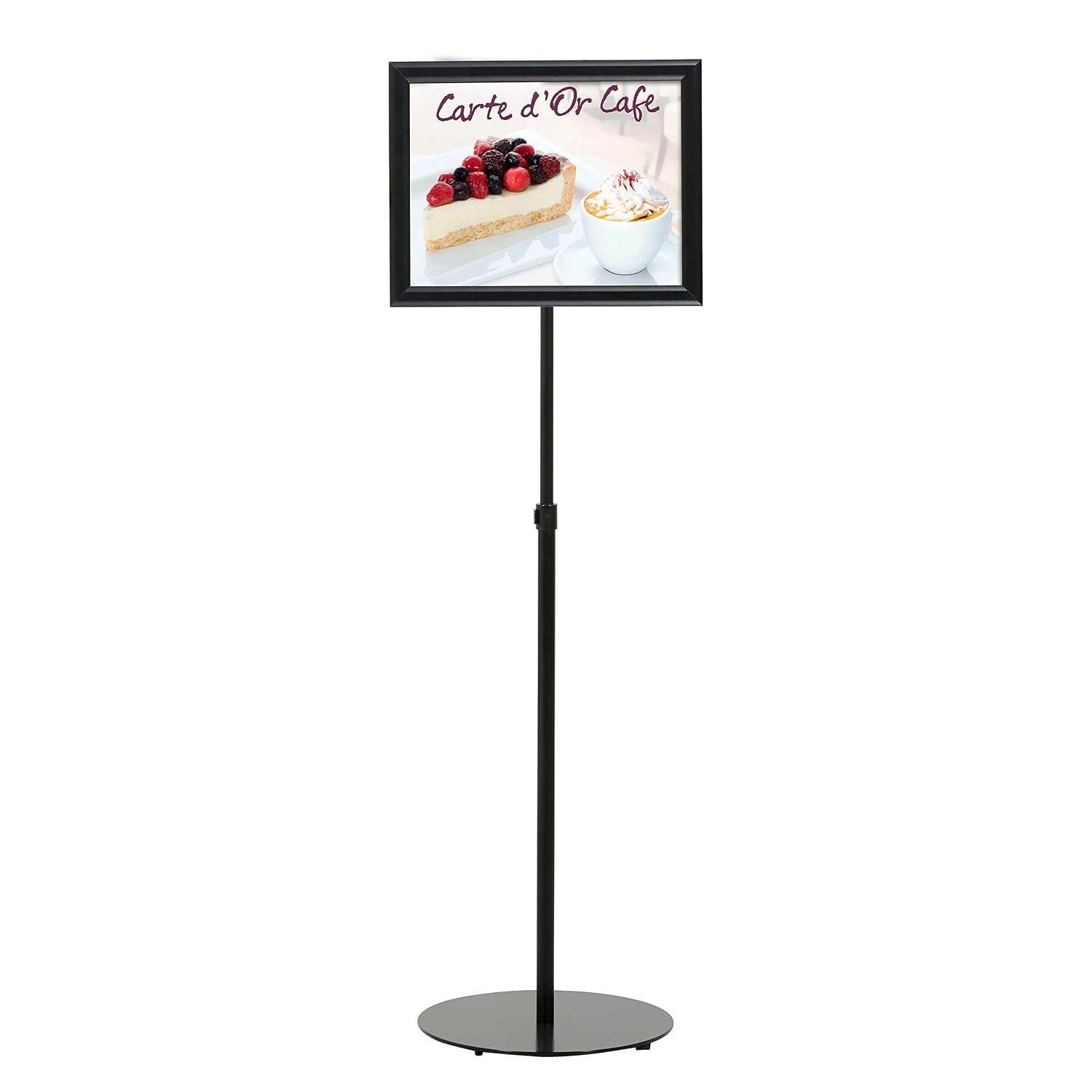 M&T Displays Pedestal Adjustable Telescoping Menuboard, Aluminum Profile, Black Double Sided Slide-In Poster Frame, 11x17 inch Document, Brochure, Sign Holder (Black - 1 Pack)