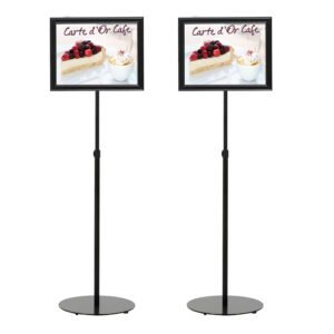 M&T Displays Pedestal Adjustable Telescoping Menuboard, Aluminum Profile, Black Double Sided Slide-In Poster Frame, 11x17 inch Document, Brochure, Sign Holder (Black - 2 Pack)