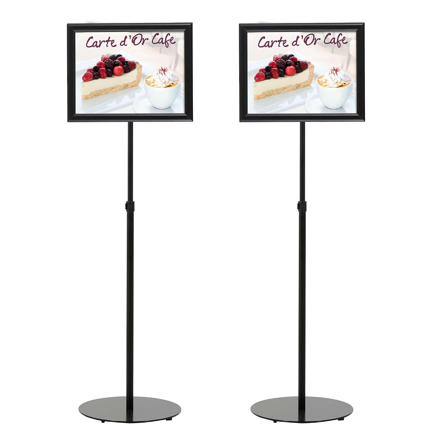 M&T Displays Pedestal Adjustable Telescoping Menuboard, Aluminum Profile, Black Double Sided Slide-In Poster Frame, 11x17 inch Document, Brochure, Sign Holder (Black - 2 Pack)