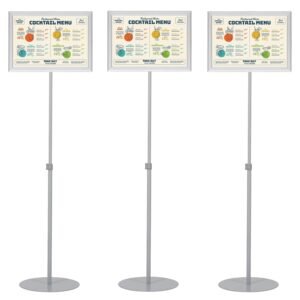 M&T Displays Pedestal Adjustable Telescoping Menuboard, Aluminum Profile, Silver Double Sided Slide-In Poster Frame, 8.5x11 inch Document, Brochure, Sign Holder (Silver - 3 Pack)
