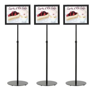 M&T Displays Pedestal Adjustable Telescoping Menuboard, Aluminum Profile, Black Double Sided Slide-In Poster Frame, 11x17 inch Document, Brochure, Sign Holder (Black - 3 Pack)