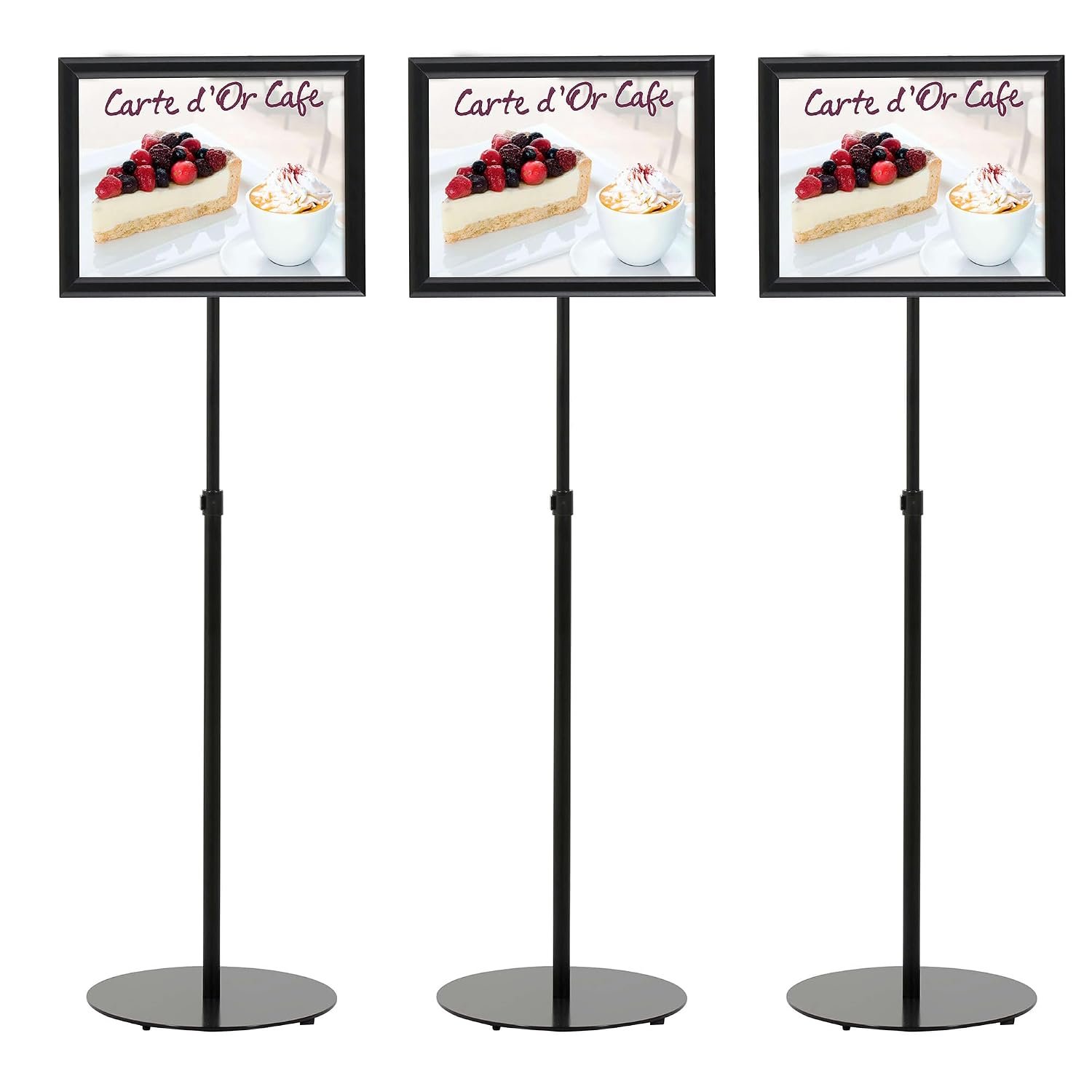 M&T Displays Pedestal Adjustable Telescoping Menuboard, Aluminum Profile, Black Double Sided Slide-In Poster Frame, 11x17 inch Document, Brochure, Sign Holder (Black - 3 Pack)