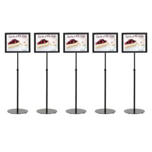 M&T Displays Pedestal Adjustable Telescoping Menuboard, Aluminum Profile, Black Double Sided Slide-In Poster Frame, 11x17 inch Document, Brochure, Sign Holder (Black - 5 Pack)