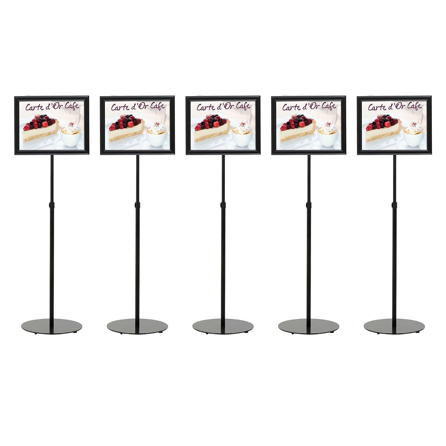 M&T Displays Pedestal Adjustable Telescoping Menuboard, Aluminum Profile, Black Double Sided Slide-In Poster Frame, 11x17 inch Document, Brochure, Sign Holder (Black - 5 Pack)
