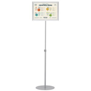 M&T Displays Pedestal Adjustable Telescoping Menuboard, Aluminum Profile, Silver Double Sided Slide-In Poster Frame, 11x17 inch Document, Brochure, Sign Holder (Silver - 1 Pack)
