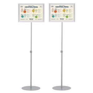 M&T Displays Pedestal Adjustable Telescoping Menuboard, Aluminum Profile, Silver Double Sided Slide-In Poster Frame, 11x17 inch Document, Brochure, Sign Holder (Silver - 2 Pack)