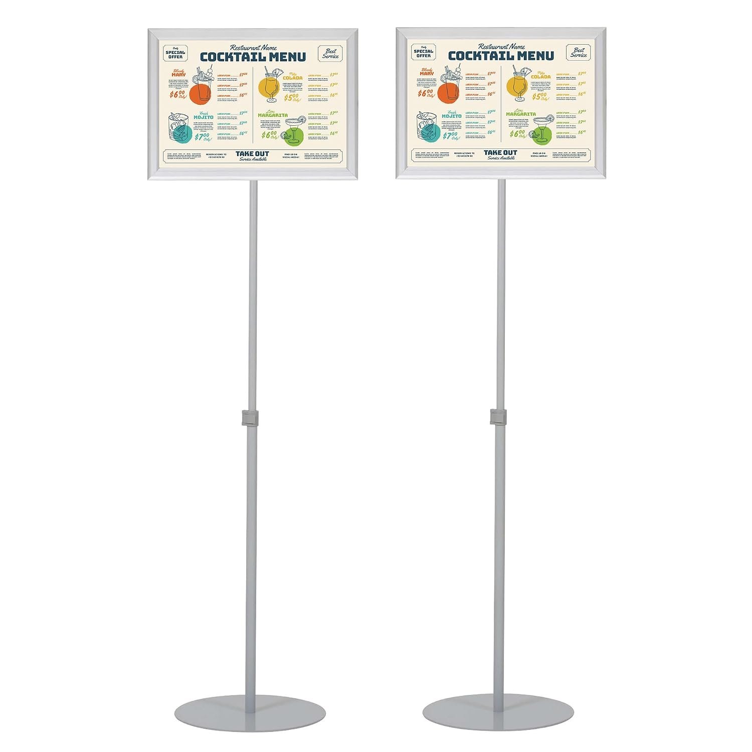 M&T Displays Pedestal Adjustable Telescoping Menuboard, Aluminum Profile, Silver Double Sided Slide-In Poster Frame, 11x17 inch Document, Brochure, Sign Holder (Silver - 2 Pack)