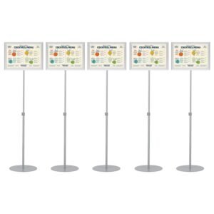 M&T Displays Pedestal Adjustable Telescoping Menuboard, Aluminum Profile, Silver Double Sided Slide-In Poster Frame, 11x17 inch Document, Brochure, Sign Holder (Silver - 5 Pack)