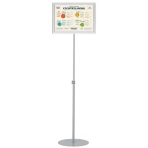 M&T Displays Pedestal Adjustable Telescoping Menuboard, Aluminum Profile, Silver Double Sided Slide-In Poster Frame, 8.5x11 inch Document, Brochure, Sign Holder (Silver - 1 Pack)