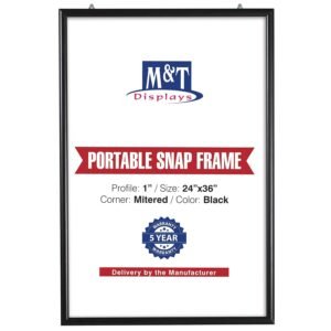 M&T Displays Portable Snap Poster Frame 24x36 Inch Black 1" Aluminum Profile Front Loading Wall Mounting Photo Picture Document Certificate Sign Holder Mitered Corner Anti Glare...