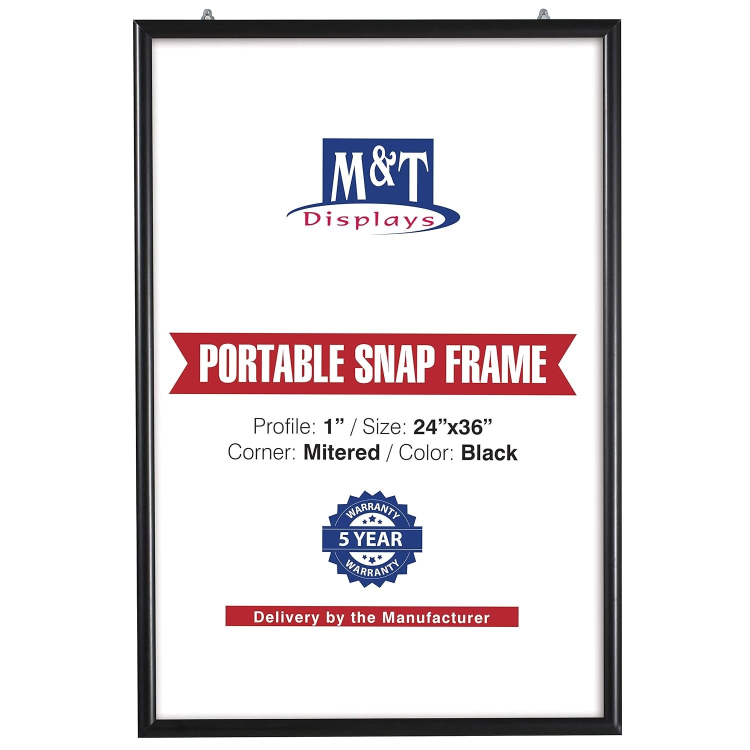 M&T Displays Portable Snap Poster Frame 24x36 Inch Black 1" Aluminum Profile Front Loading Wall Mounting Photo Picture Document Certificate Sign Holder Mitered Corner Anti Glare...