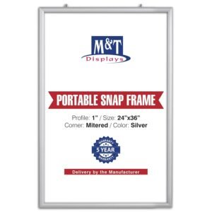 M&T Displays Portable Snap Poster Frame 24x36 Inch Silver 1" Aluminum Profile Front Loading Wall Mounting Photo Picture Document Certificate Sign Holder Mitered Corner Anti...