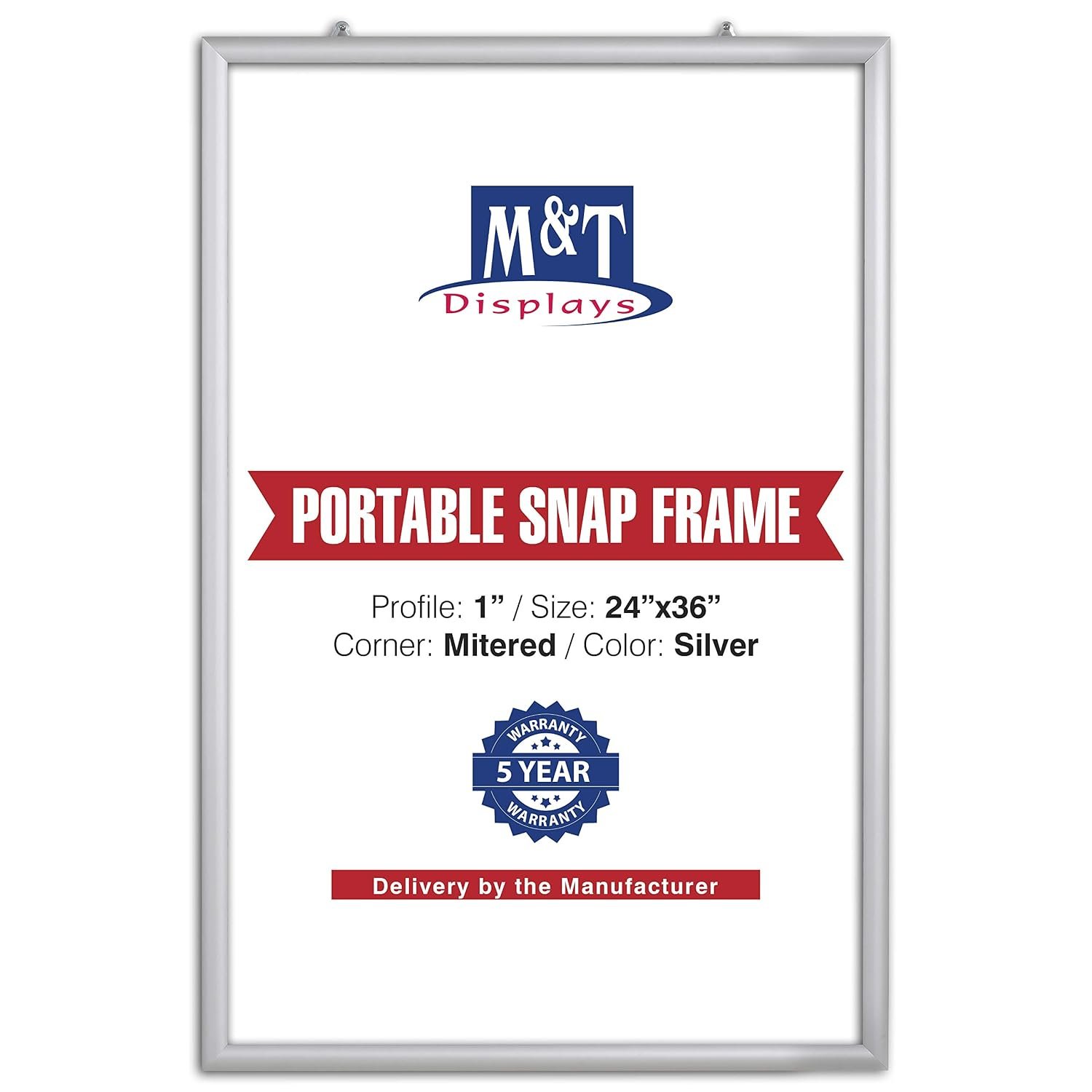 M&T Displays Portable Snap Poster Frame 24x36 Inch Silver 1" Aluminum Profile Front Loading Wall Mounting Photo Picture Document Certificate Sign Holder Mitered Corner Anti...