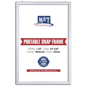 M&T Displays Portable Snap Poster Frame 24x36 Inch Silver 1.25" Aluminum Profile Front Loading Wall Mounting Photo Picture Document Certificate Sign Holder Mitered Corner Anti...