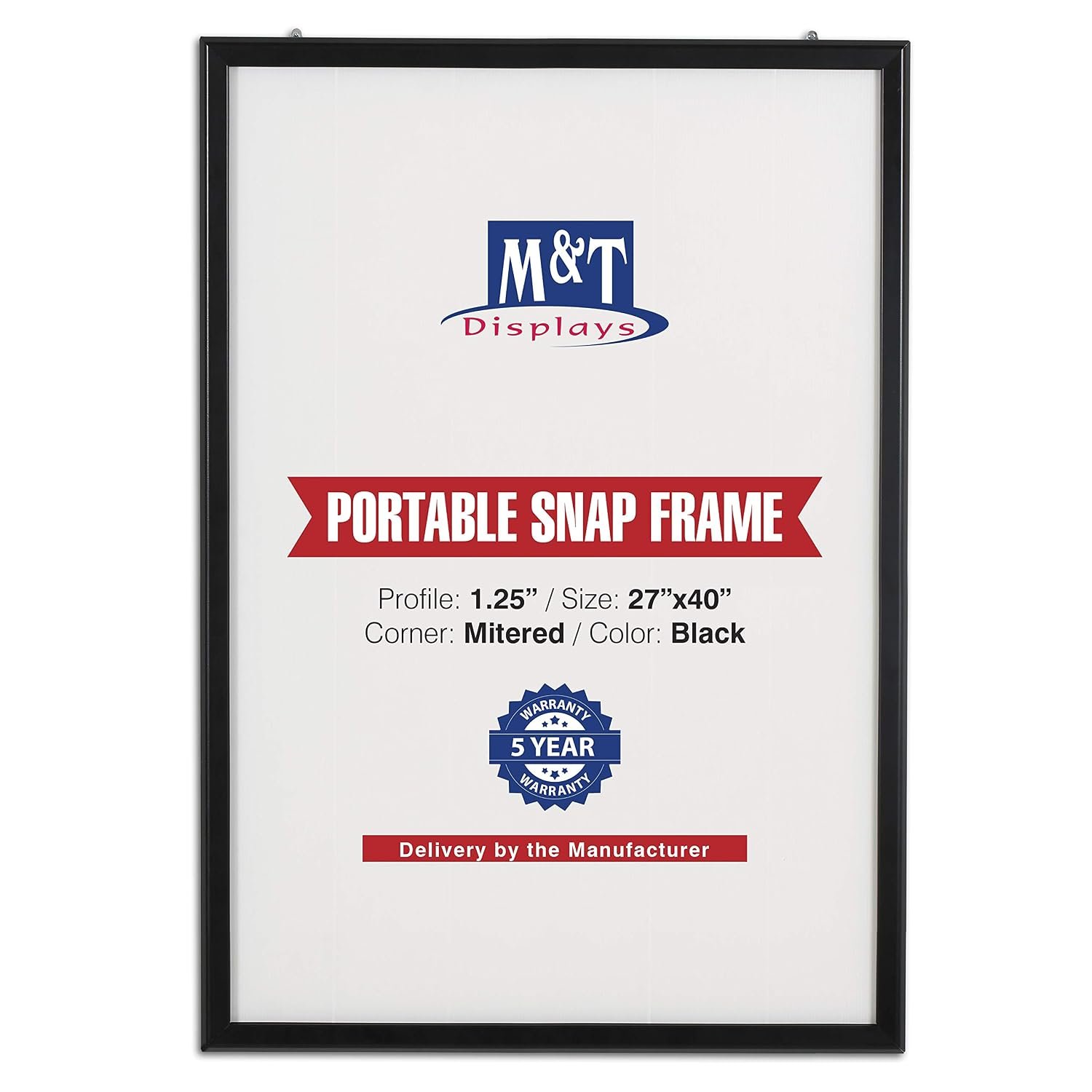 M&T Displays Portable Snap Poster Frame 27x40 Inch Black 1.25" Aluminum Profile Front Loading Wall Mounting Photo Picture Document Certificate Sign Holder Mitered Corner Anti...