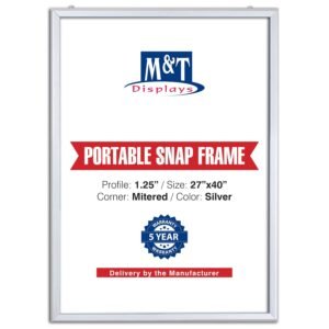 M&T Displays Portable Snap Poster Frame 27x40 Inch Silver 1.25" Aluminum Profile Front Loading Wall Mounting Photo Picture Document Certificate Sign Holder Mitered Corner Anti...