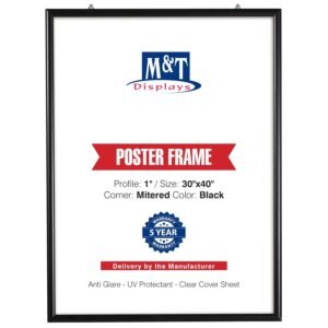 M&T Displays Portable Snap Poster Frame 30x40 Inch Black 1" Aluminum Profile Front Loading Wall Mounting Photo Picture Document Certificate Sign Holder Mitered Corner Anti Glare...