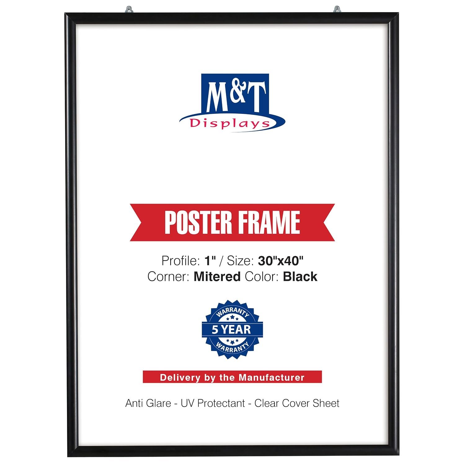 M&T Displays Portable Snap Poster Frame 30x40 Inch Black 1" Aluminum Profile Front Loading Wall Mounting Photo Picture Document Certificate Sign Holder Mitered Corner Anti Glare...