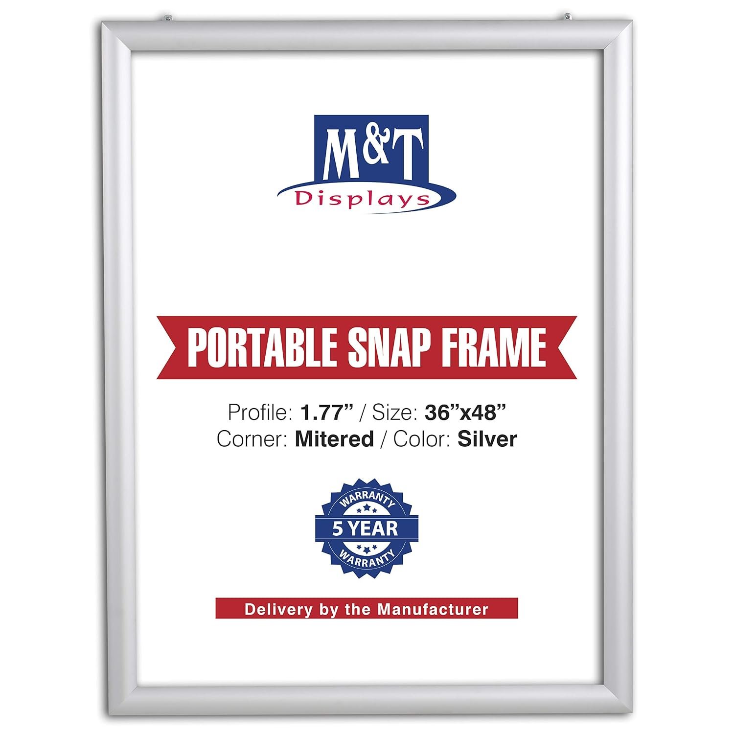 M&T Displays Portable Snap Poster Frame 36x48 Inch Silver 1.77" Aluminum Profile, Front Loading Wall Mounting Display for Photo Picture Document Certificate Mitered Corner Anti...