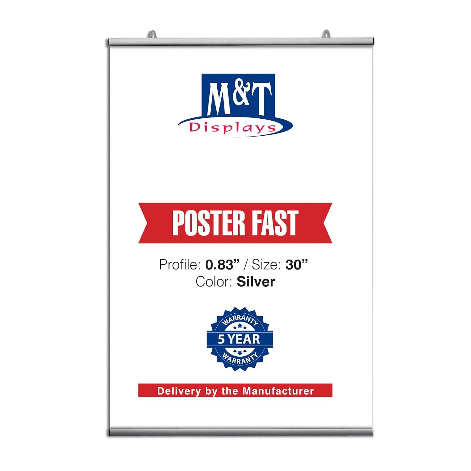 M&T Displays Poster Fast Hanger Set 30 inch Wall Mounting Silver Aluminum Reusable Advertising Announcement Messages Brochure Paper Sign Holder Portrait Indoor