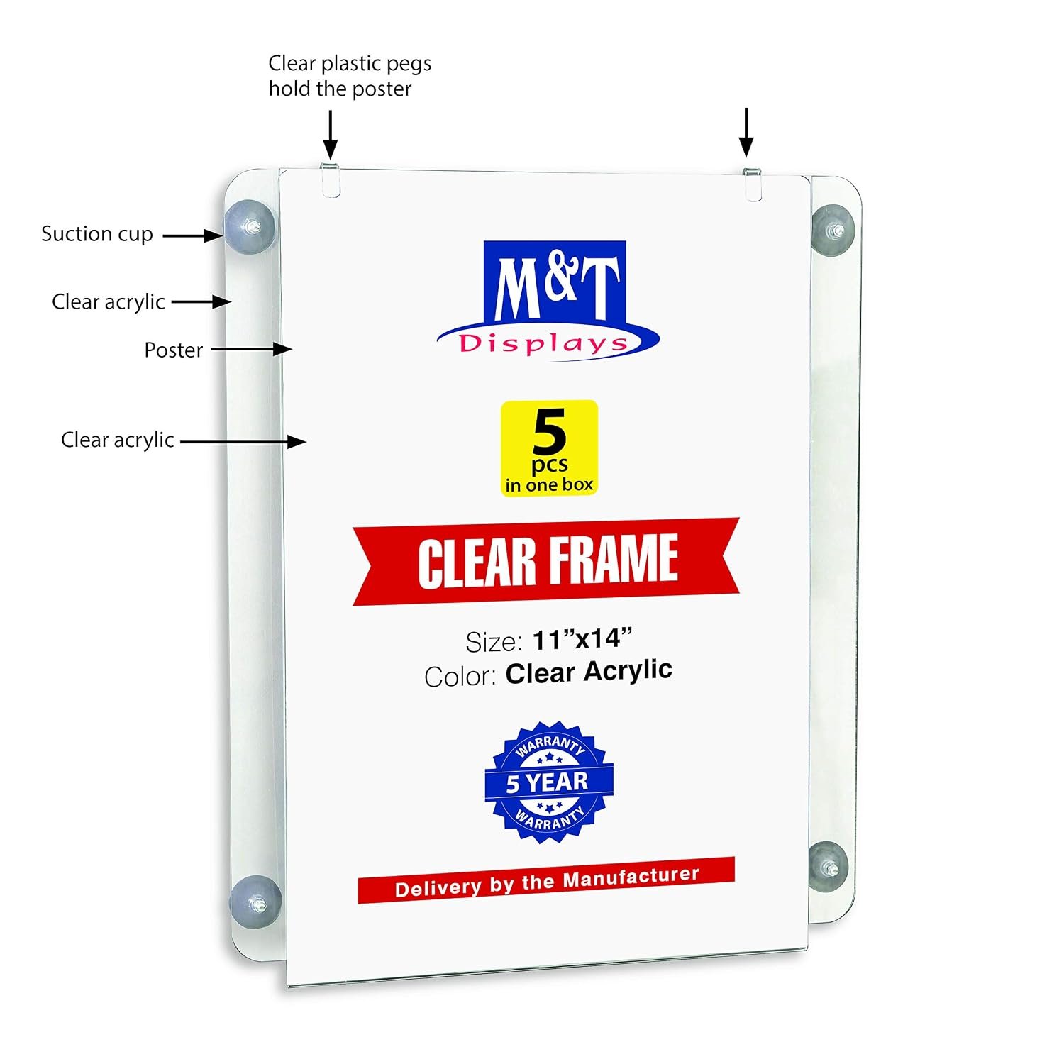 M&T Displays Premium 11x14 Acrylic Window Sign Holder | Double Sided Clear Portrait Display Frame with 4 Suction Cups | Anti-Glare for Storefronts, Doors, Glass - Easy Poster &...