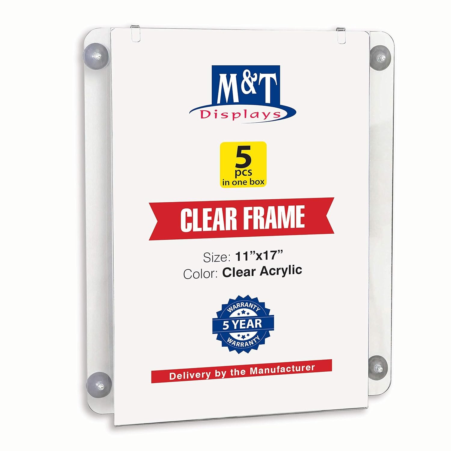 M&T Displays Premium 11x17 Acrylic Window Sign Holder | Double Sided Clear Portrait Display Frame with 4 Suction Cups | Anti-Glare for Storefronts, Doors, Glass - Easy Poster &...