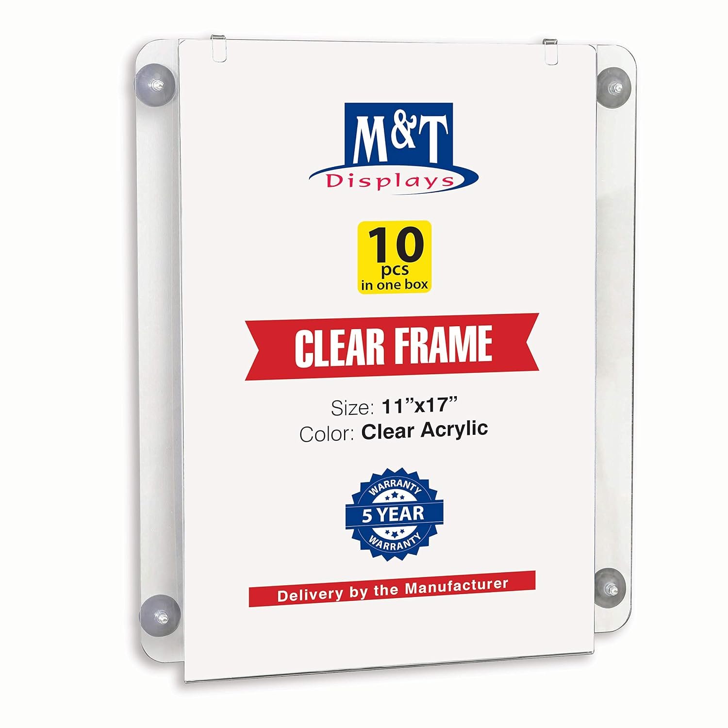 M&T Displays Premium 11x17 Acrylic Window Sign Holder | Double Sided Clear Portrait Display Frame with 4 Suction Cups | Anti-Glare for Storefronts, Doors, Glass - Easy Poster &...