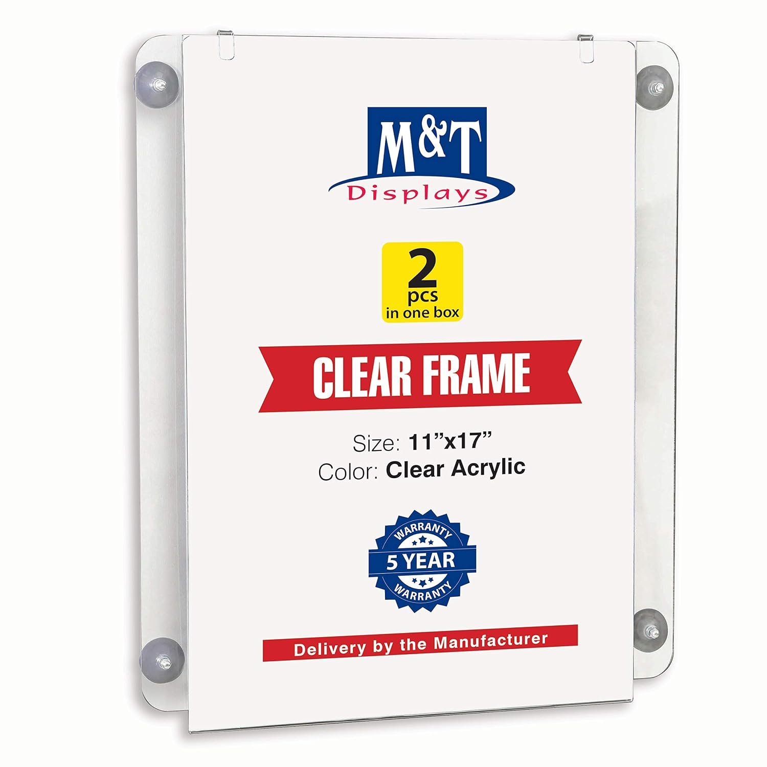 M&T Displays Premium 11x17 Acrylic Window Sign Holder | Double Sided Clear Portrait Display Frame with 4 Suction Cups | Anti-Glare for Storefronts, Doors, Glass - Easy Poster &...