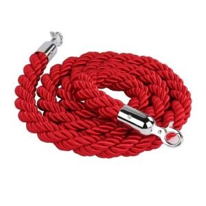 M&T Displays Red Twisted Stanchion Rope 78.74 inch (2 m) with Silver Look Stainless Steel Snap Hooks Hotel Red Carpet Barrier Queue Divider Conferance Enterance Crowd Control