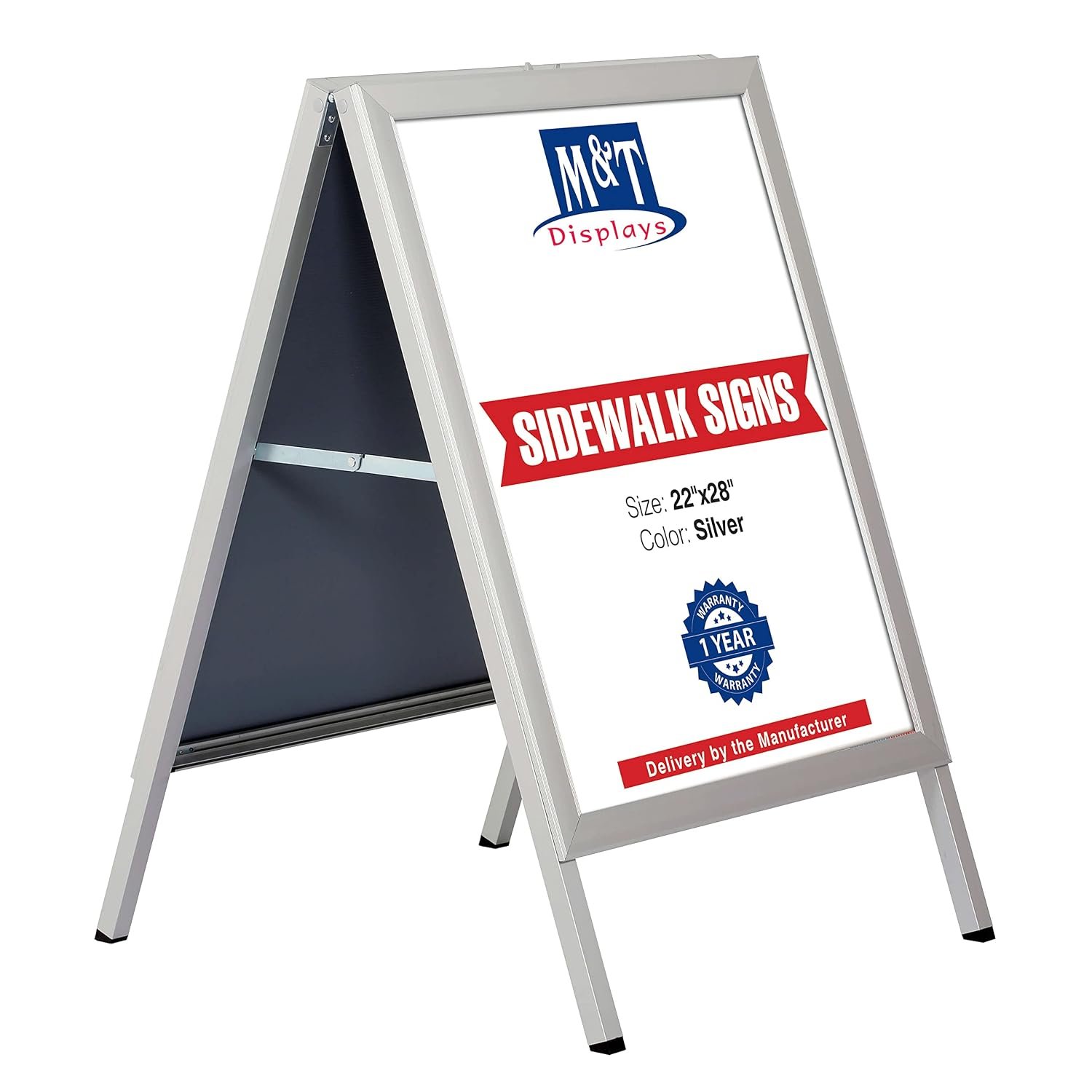 M&T Displays Sandwich Board Slide-in A Frame Double Sided, Picture, Poster, Advertising Display Menu Board, Aluminum Sidewalk Pavement Sign Holder (Silver, 22x28 inch)