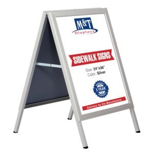 M&T Displays Sandwich Board Slide-in A Frame Double Sided, Picture, Poster, Advertising Display Menu Board, Aluminum Sidewalk Pavement Sign Holder (Silver, 24x36 inch)