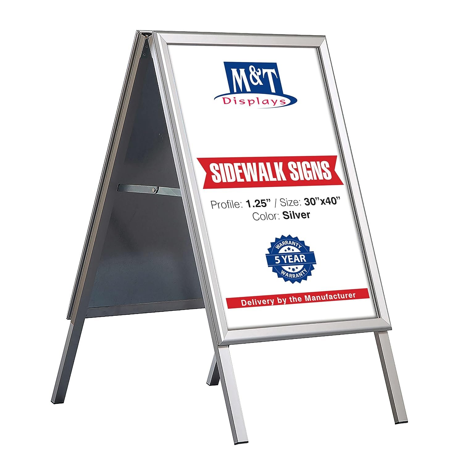 M&T Displays Silver Sandwich Board, Poster Sidewalk Display, 1.25" Aluminum profile, A-Frame Menu Board, Double Sided, Galvanized Backing, Mitered Corner (30x40 inch)