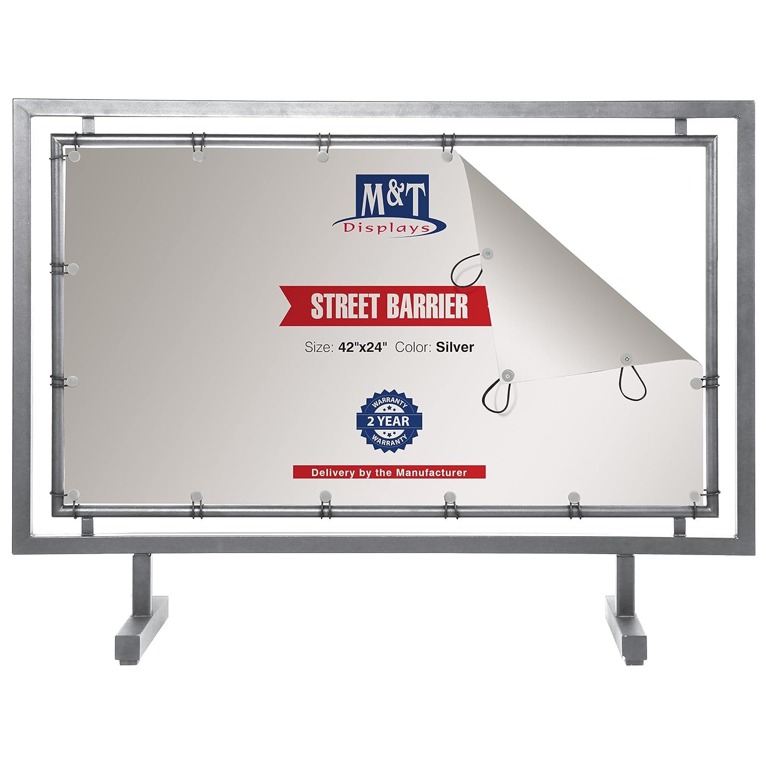 M&T Displays Silver Steel Crowd Control Barrier 42x24–Floor Standing Advertising Fence with Vinyl Banner Holder Movable Street Barrier for Restaurant, Cafe, Bar, Trade Shows,...