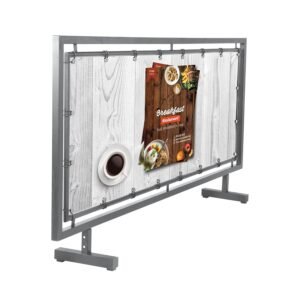 M&T Displays Silver Steel Crowd Control Barrier 65x24–Floor Standing Advertising Fence with Vinyl Banner Holder Movable Street Barrier for Restaurant, Cafe, Bar, Trade Shows,...