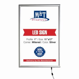 M&T Displays Smart LEDBox LED Backlit Poster Frame 11x17 Inch Silver 1" Aluminum Profile Front Loading Photo Picture Advertisement Sign Holder Mitered Corner Anti Glare Cover