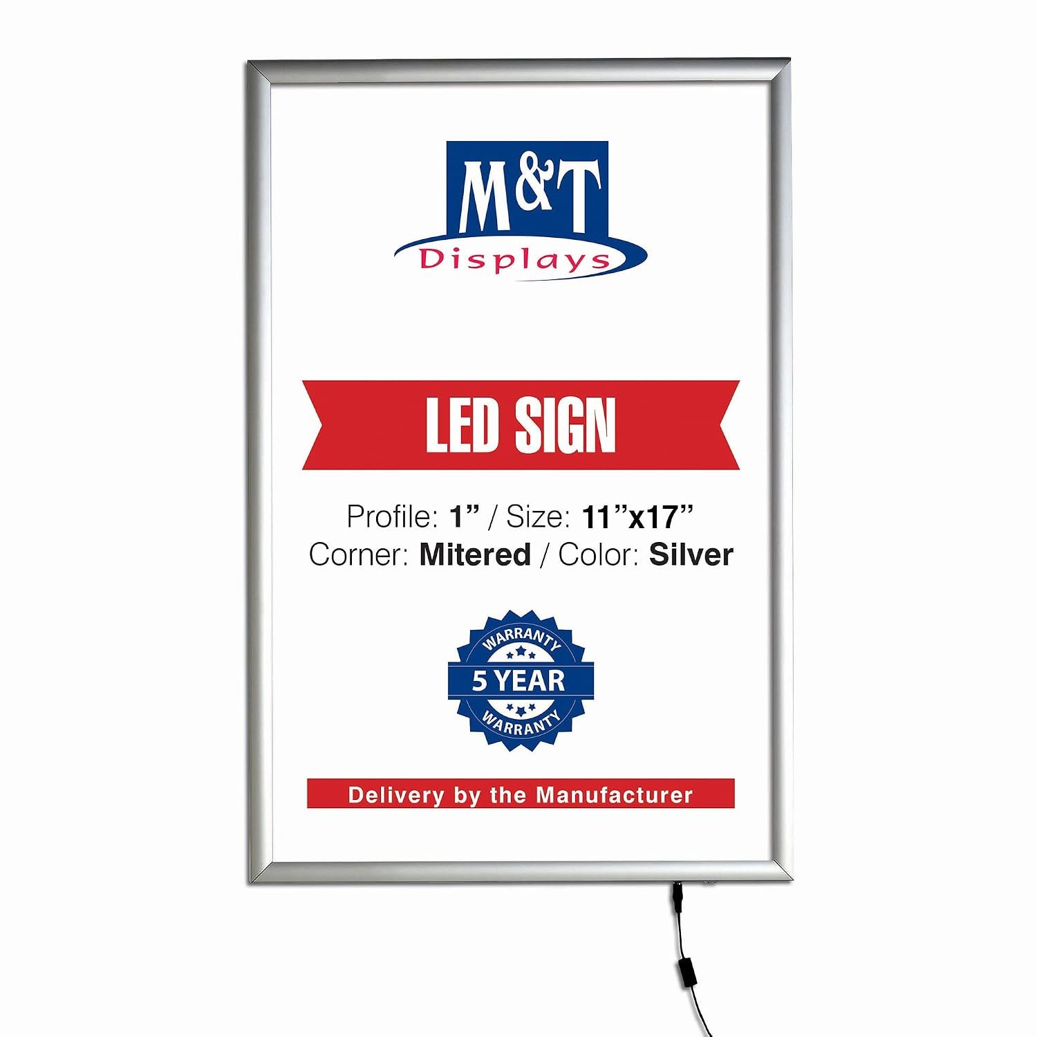 M&T Displays Smart LEDBox LED Backlit Poster Frame 11x17 Inch Silver 1" Aluminum Profile Front Loading Photo Picture Advertisement Sign Holder Mitered Corner Anti Glare Cover